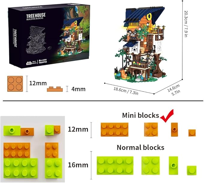 Tree Building House Set with LED,Street View Tree Building Blocks Toy, Gift for Adult,Boys Girls Age 14+，Mini Brick 1020pcs (Not Compatible with Lego)