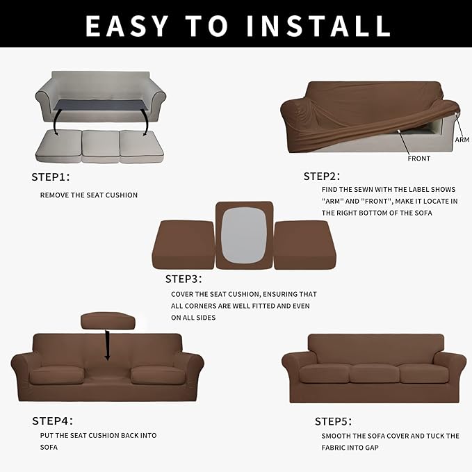 Easy-Going 100% Dual Waterproof Stretch Soft Couch Cover for Dogs, Sofa Slipcover for 3 Separate Cushion Couch Leakproof Furniture Protector for Kids, Pets Brown
