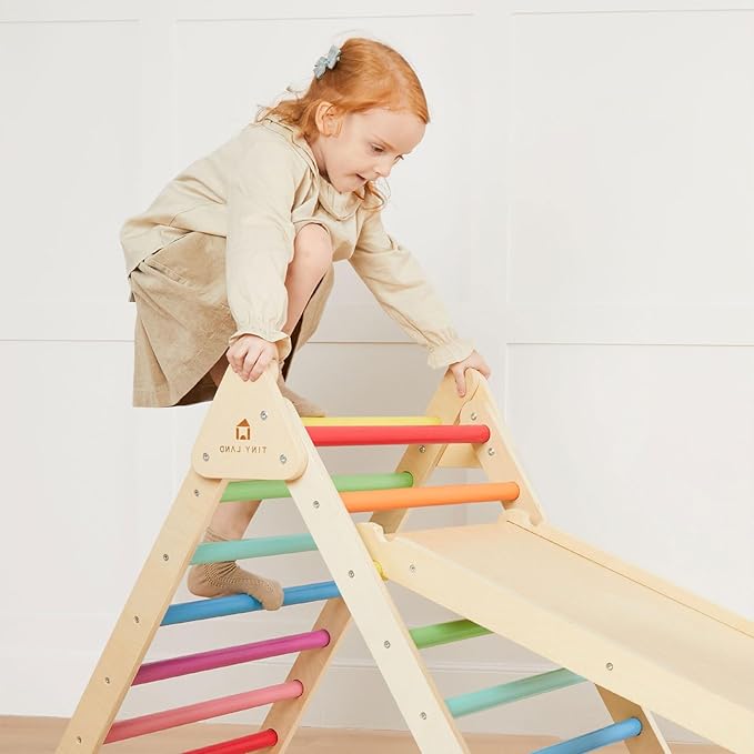 Tiny Land Pikler Triangle Set, 7-in-1 Foldable Pikler Triangle Climbing Toys Set for Kids,Baby Indoor Playground Jungle Gym, Wooden Montessori Climbing Set for Toddler (Rainbow)