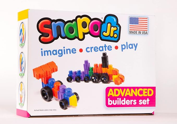 Snapo Jr. Advanced Builder Blocks for Toddlers 18 Months to 5 Years - Six-Sided Large Building Blocks - Build Planes, Cars and Trains - Unisex Stackable Assembly Blocks for Kids (80pcs)