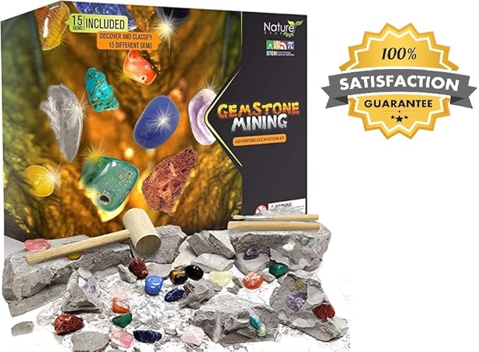 Nature Gear Gemstone Dig Kit for Kids, Educational Crystal Excavation Kit with 15 Mystery Gems, Interactive Adventure Fossil Mining Toy for Kids Age 3-5 and Up