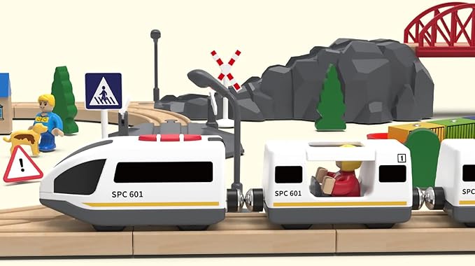 Wooden Train Set Accessories Battery Operated Locomotive Train, Remote Control Train Vehicles for Wood Tracks, Powerful Engine Train Cars Fits All Major Brands of Railway System (Battery Not Included)