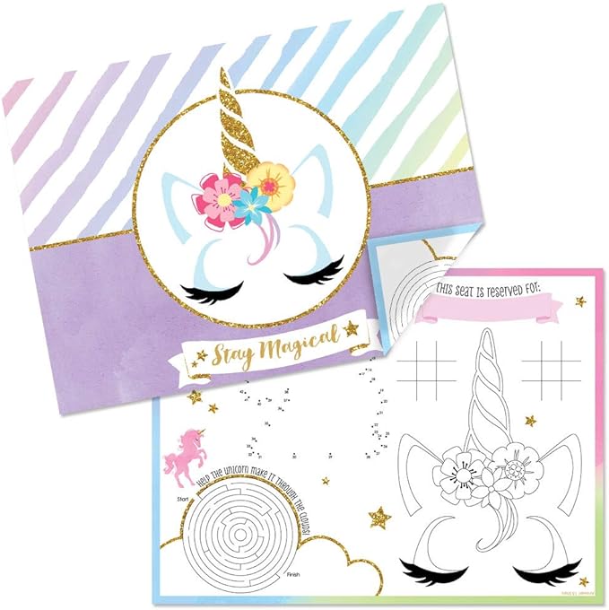 Big Dot of Happiness Rainbow Unicorn - Paper Magical Unicorn Birthday Party Coloring Sheets - Activity Placemats - Set of 16