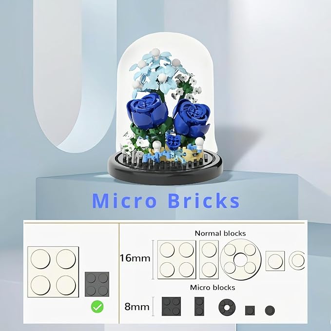 Blue Rose Flowers Micro Bricks Building Set with Dust Cover,Artificial Flowers Botanical Collection for Home Decor, Creative Gifts for Adults Women Boys Girls,270 Pieces