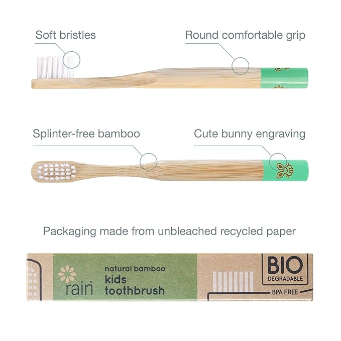 Rain Organic Bamboo Baby Kids Toothbrush - 100% Safe Infant Toddler Toothbrush 6 to 12 Months and Up, Natural BPA-Free Biodegradable Wood Toothbrush Extra Soft Bristles Children's Dental Care (3 Pack)