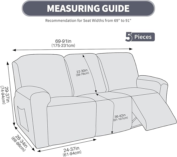 JIVINER Recliner Couch Cover, Jacquard 5 Piece Stretch Sofa Covers for 3 Cushion Reclining Lazy Boy Soft Washable Sofa Slipcovers Protector with Pockets (Recliner Sofa, Khaki)