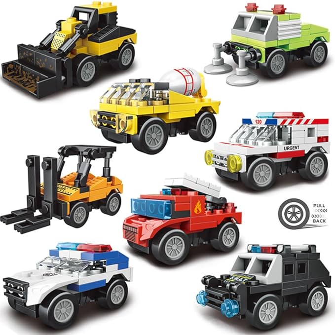 Pull Back Car Building Blocks Sets, Pull and Go, 3D Assembly Vehicles for Boys Building Block Car Toys Party Favor for Kids Age 6 7 8 9 10, 396 Pieces