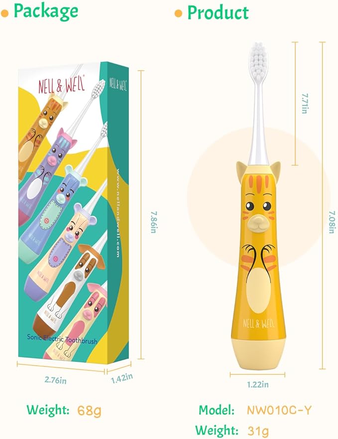 NELL&WELL Kids Electric Toothbrush, 2-Min Timer, 3 Modes with Memory, IPX 7 Waterproof, Battery Powered Kids Toothbrush with 3 Soft Bristles Heads for Children Boys and Girls Ages 3+
