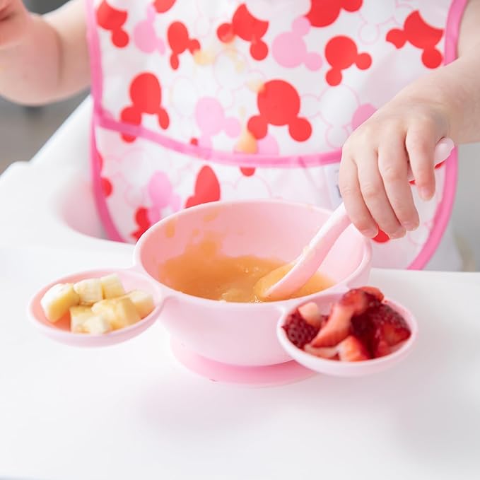 Bumkins Disney Baby Bowl, Silicone Feeding Set with Suction for Baby and Toddler, Includes Spoon and Lid, Essentials for Baby Led Weaning,for Babies 4 Months, Minnie Mouse Light Pink