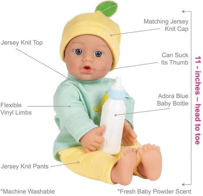 Adora Amazon Exclusive Sweet Babies Collection, 11” Soft and Cuddly Boy Baby Doll | Machine Washable, Birthday Gift For Ages 1+ - Baby Banana