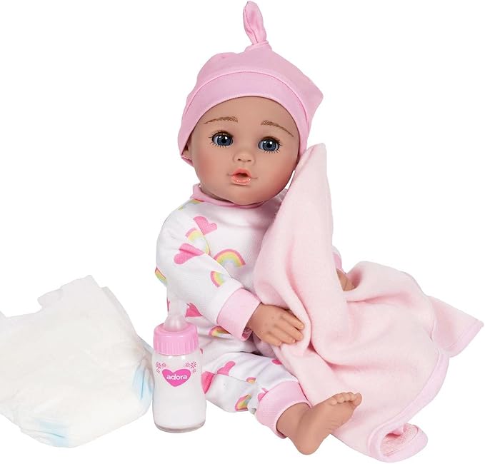 ADORA Rainbow Hugs Doll Set, 13 Inch Baby Doll with Crib Box, Rainbow Print Onesie, Beanie, Pacifier, Diaper, Milk Bottle, and Blanket, for Kids Ages 3 and Up
