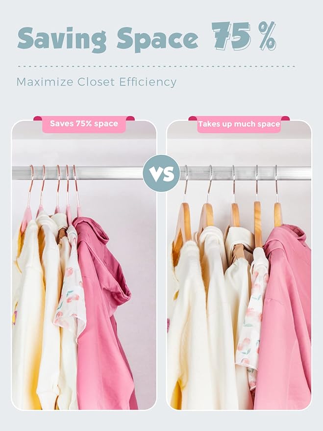 Smartor Kids Velvet Hangers 50 Pack, 14'' Inch Premium Non Slip Kids Felt Hangers for Closet, Space Saving Toddler Clothes Hanger for Youth's Childrens' Clothes (Rose Gold Hook)- Pink