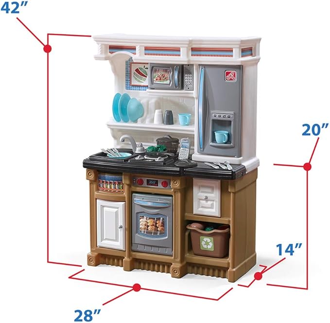 Step2 Lifestyle Custom Kids Kitchen Playset, Indoor/Outdoor Kitchenette, Interactive Play with Lights and Sounds, Made of Durable Plastic, 20 Piece Toy Accessories, Toddlers 2+ Years Old, Tan