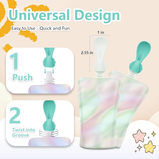 Silicone Spoon Attachment for Baby Food Pouch with On-the-Go Cases - Includes 2 Squeeze Pouch Topper Attachments (White-green)