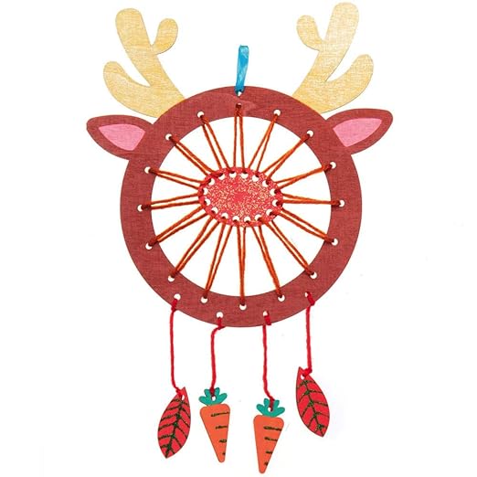 Baker Ross AX520 Reindeer Wooden Dreamcatcher Kits - Pack of 4, Create Your own Dream Catchers for Kids Arts and Crafts, Wall Decorations and an Introduction to Sewing