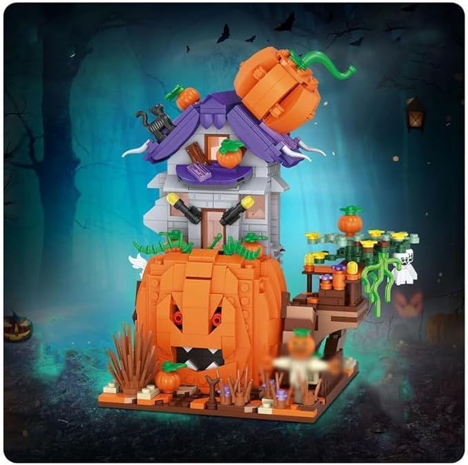 Street View Halloween Pumpkin House Bricks Model Set, 762Pcs DIY Building Block Assembly Mini Particle Construction Toy