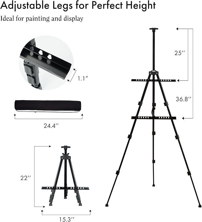 Artify Easel for Painting, Double-Tier Easel Stand, Adjustable Height from 22-66 Inches, Tripod for Painting and Display with Carrying Bag, 66 Inches, Black