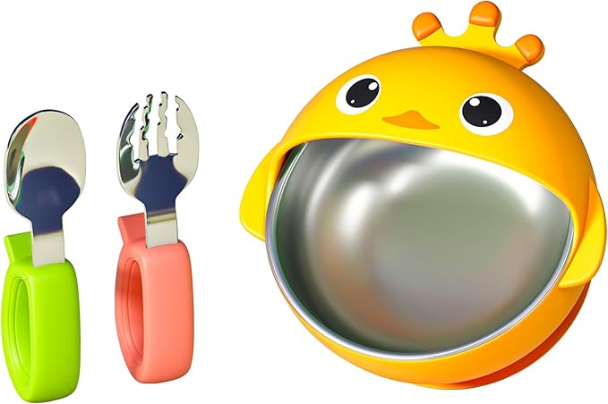 Suction Bowls Set for Baby Feeding，Yellow Duck Silicone Suction Baby Bowl and Food-Grade 304 Stainless Steel Bowl with Fork and Spoon,Dishwasher Safe