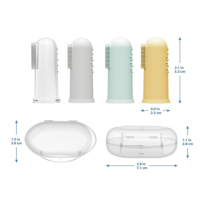 Dr. Brown's 100% Silicone Baby Finger Toothbrush and Toothpaste Set, 2-Pack Toothbrush with Storage Case, Fluoride-Free Strawberry Toddler Toothpaste, Gray & Light-Green