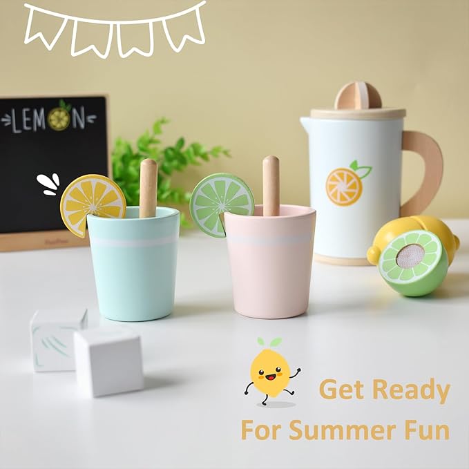 PairPear Wooden Toys Lemonade Playset,Kids Play Food Pretend Play Lemonade Stand Kit,Play Kitchen Grocery Maket Acessories Gift for Toddler Girls and Boys 3 Years+