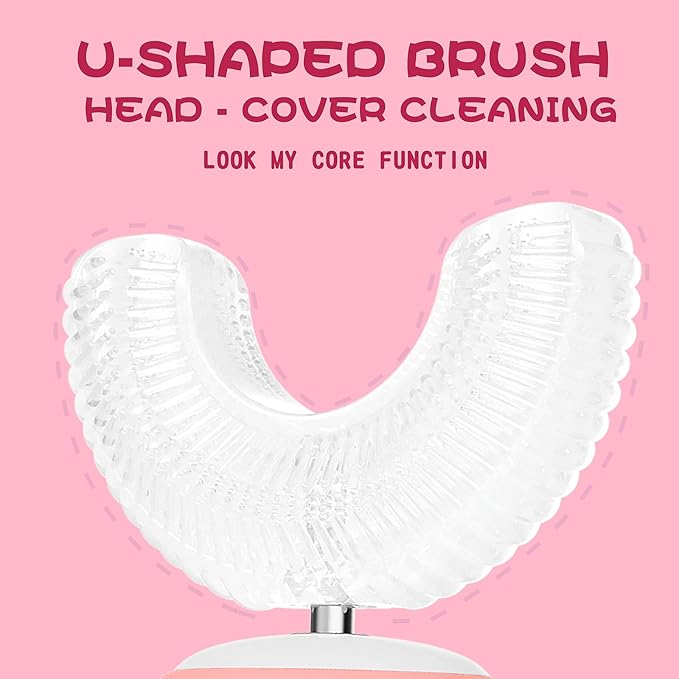 Kids U Shaped Electric Toothbrush with 4 Brush Heads, Sonic Toothbrush Kids with 5 Modes, Cartoon Dinosaur 360-Degree Cleaning IPX7 Waterproof Design (2-6 Age (Pink))