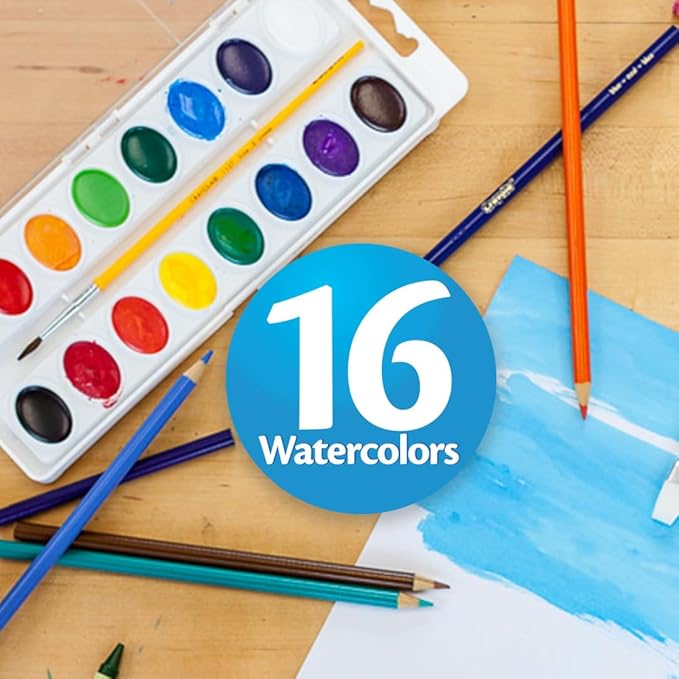 Crayola Watercolor Paint Set (16 Count), Washable Paint for Kids, 1 Paint Brush, Arts & Crafts Supplies, Assorted Colors, Ages 4+