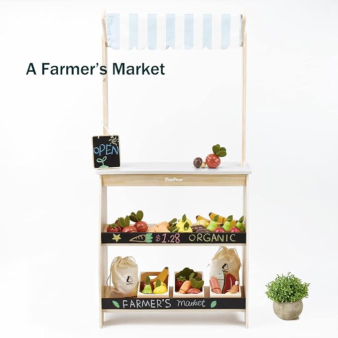PairPear Grocery Store Pretend Play, Wooden Toys Lemonade Stand for Kids, Natural Style Market Stand Play Food Sets.