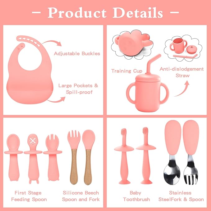 Silicone Baby Feeding Set,13PCS Baby Feeding Essentials with Suction Bowl and Plate,Spoons & Forks,Bib & Cup,Baby Toothbrush,Baby Led Weaning Supplies for 6+ Months,Baby Eating Essentials (Pink)