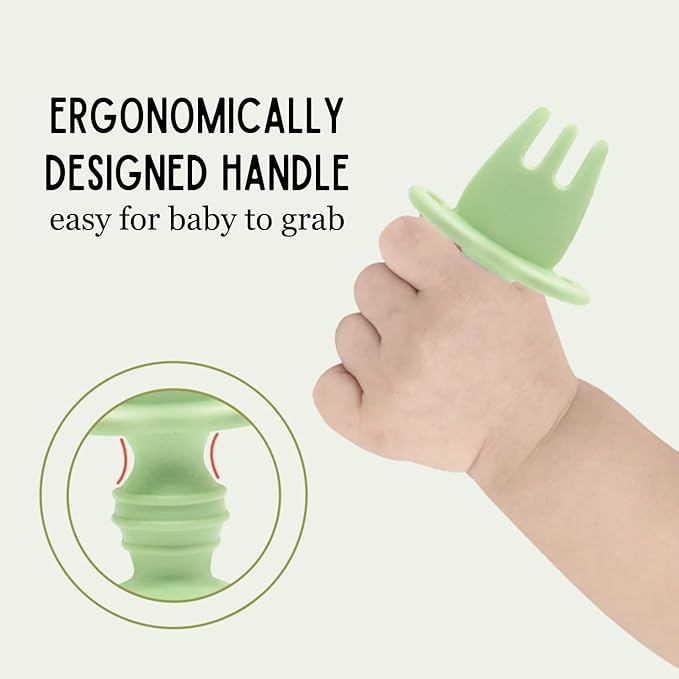 Silicone Baby Spoon and Fork Set with Custom Travel Case, Self Feeding, BPA Free, Anti-Choke (Sage green)