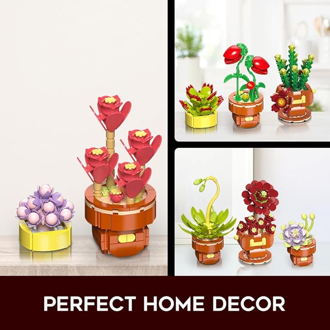 Succulent Flowers Bonsai Building Sets, 8 Packs Botanical Collection Building Block Kit for Home Decor, 1234 PCS Plant Building Toy Gifts for Adults Kids Girls Boys Ages 6 7 8 9 10 11 12+