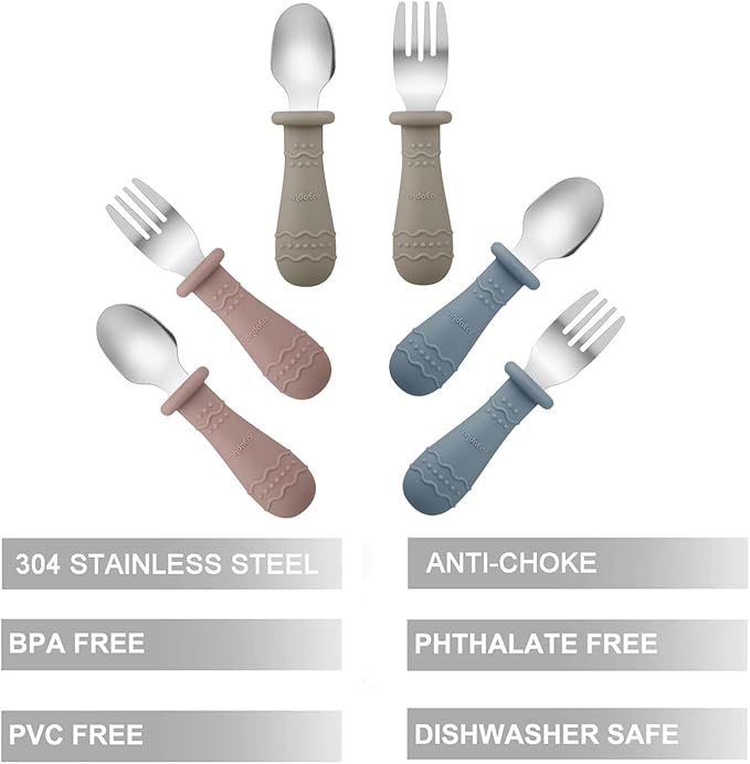 PandaEar Toddler Utensils, 6 Pack Kids Spoons and Forks, 18/8 Stainless Steel & Food Grade Silicone Children Silverware Set, Dishwasher Safe (Blue/Brown/Red)