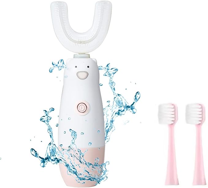 Kids Electric Toothbrush，6 Cleaning Models U Shaped Toothbrush Waterproof Battery Powered 360 Automatic Sonic Toddler Toothbrushes for 8-13 Years Old for Boys Girls（Pink）