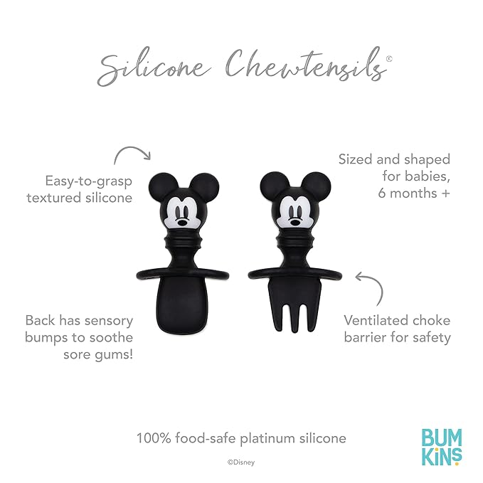 Bumkins Disney Baby Utensils Set, Chewtensils Silicone Spoons for Dipping, Self-Feeding, Baby Led Weaning, Trainer Learning, First Stage Eating, Soft Fork and Spoon, Babies 6 Months, Mickey Mouse