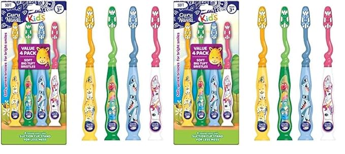 GuruNanda Kids Toothbrush with Suction Cup & Fun Animal Designs - Soft Bristles for Healthy Gums- Non-Slippery & Mess-Free Toothbrush, 3+ Age- 4 Count (Pack of 2)