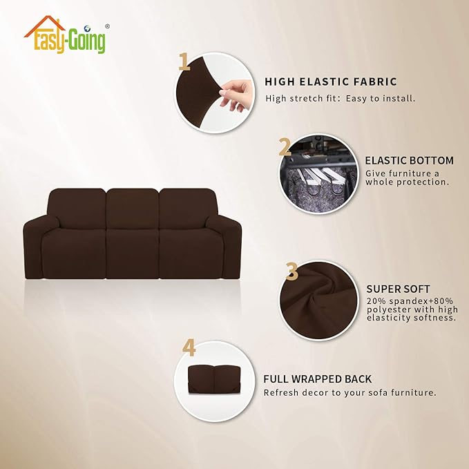 Easy-Going 8 Pieces Microfiber Stretch Sectional Recliner Sofa Slipcover Soft Fitted Fleece 3 Seats Couch Cover Washable Furniture Protector with Elasticity for Kids Pet(Recliner Sofa, Coffee)