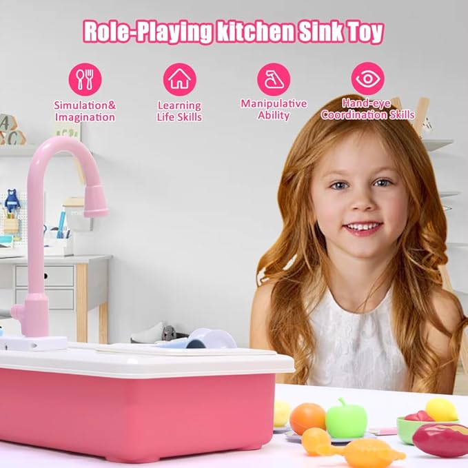 Play Kitchen Sink Toys with Running Water, Toddler Electric Dishwasher Playing Toy with Cutting Foods, 33 PCS Pretend Role Play Accessories Set, Learning Gift for Girls Boys (Pink)
