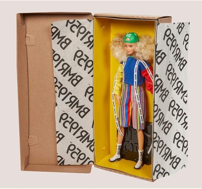Barbie BMR1959 Fashion Doll with Curly Blonde Hair, in Color Block Sweatshirt with Logo Tape, Fully Poseable, with Accessories and Doll Stand