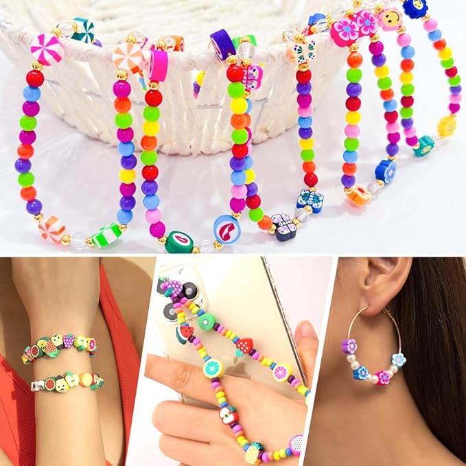 JOICEE 480PCS Fruit Flower Polymer Clay Beads, 24 Style Cute Heart Mushroom Clay Beads Charms for Jewelry Necklace Earring Making, DIY Bracelet Making Kit Accessories for Women Girls