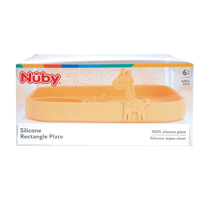 Nuby Animal Friend Silicone Rectangle Plate - Toddler Plate - 6+ Months - Yellow Giraffe Plate
