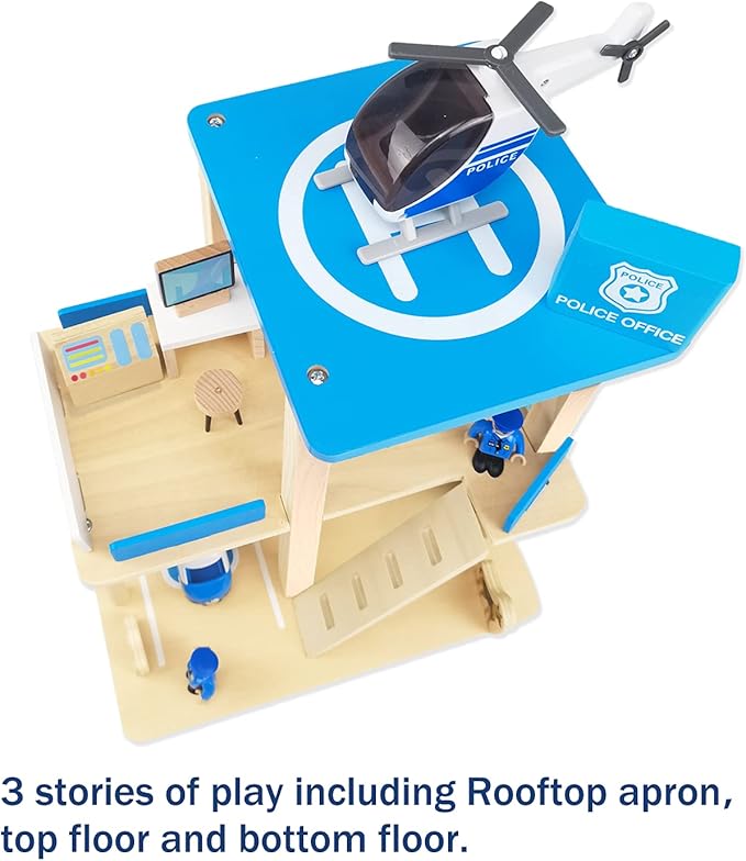 Wooden Police Station Playset Toy, Multicolor 3-Level Pretend Play Dollhouse Set with Figures, Car, Helicopter and Accessories, Preschool Learning Educational Toys for Toddlers Kids Age 3 and up