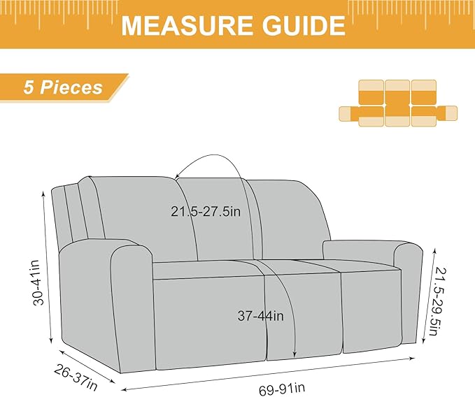 Genina Recliner Cover Stretch Couch Covers, Sofa slipcover for Reclining Couch Thick Jacquard Furniture Protector Washable (Light Grey, 3 Seat)