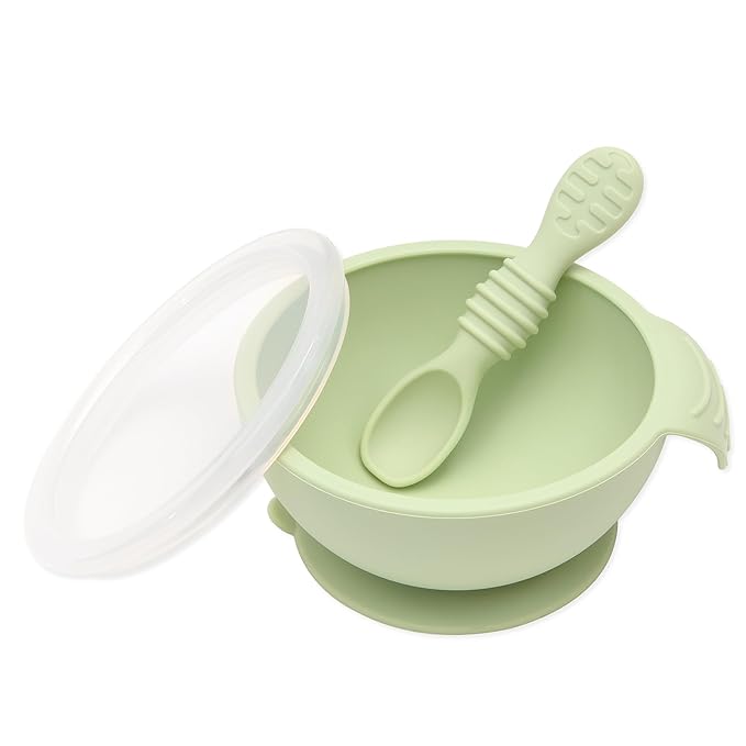 Bumkins Baby Bowl, Silicone Feeding Set with Suction for Baby and Toddler, Includes Spoon and Lid, First Feeding Set, Training Essentials for Baby Led Weaning for Babies 4 Months Up, Sage