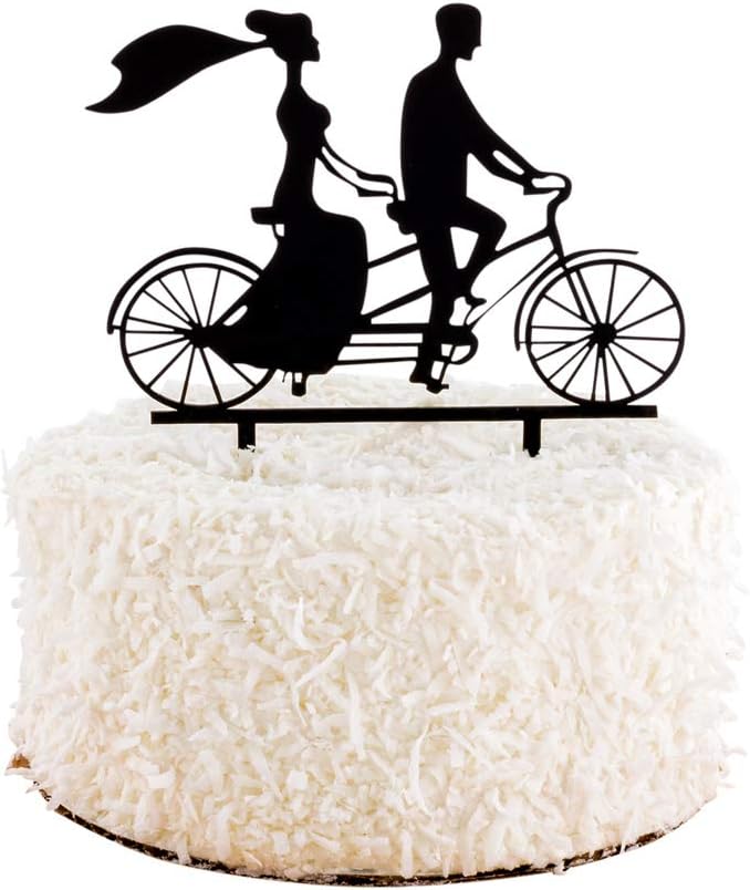 Restaurantware Top Cake Bride And Groom Cake Topper 1 Romantic Silhouette Wedding Cake Topper - For Anniversaries Or Engagement Parties Couple On Tandem Bike Black Acrylic Wedding Cake Topper