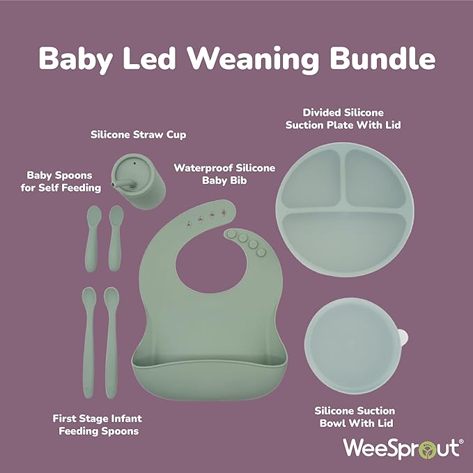 WeeSprout Baby Led Weaning Bundle, Silicone Suction Bowl, Spoons, Bib & Cup, Develops Self Feeding Skills, Dishwasher Safe (Purple)