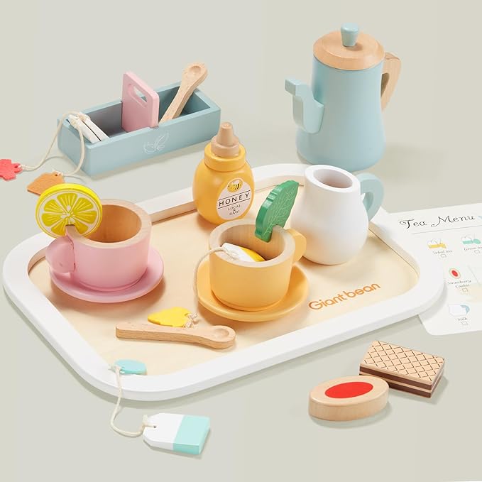 Giant bean Kids Wooden Tea Set for Little Girls, 21 PCS Kitchen Playset Toys Gifts for Toddlers Kids Boys 1 2 3 4 5 6, Play Kitchen Accessories for Kids Tea Party