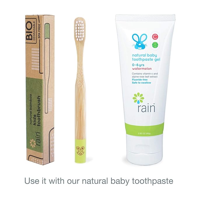 Rain Organic Bamboo Baby Kids Toothbrush - 100% Safe Infant Toddler Toothbrush 6 to 12 Months and Up, Natural BPA-Free Biodegradable Wood Toothbrush Extra Soft Bristles Children's Dental Care (3 Pack)
