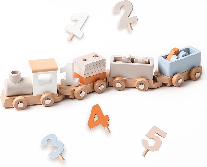 Wooden Train Set for Toddler Toys 14pcs Montessori Train Toy Set for Baby 3-5 Years Wooden Train Cars with 1 2 3 4 5 Numbers & Blocks Birthday Gift for Boys Girls