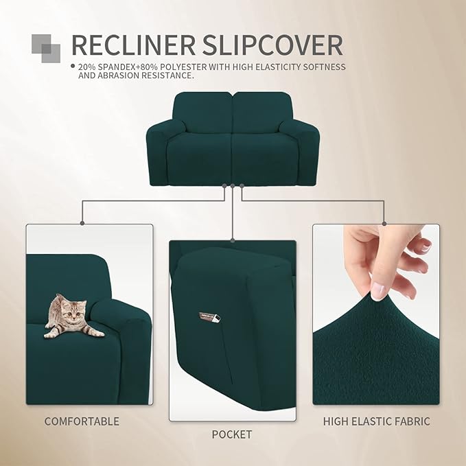 Easy-Going Oversized 6 Pieces Microfiber Stretch Sectional Recliner Loveseat Sofa Slipcover Soft Fitted Fleece 2 Seats Couch Cover Washable Furniture Protector with Elasticity for Kids Pet Deep Teal