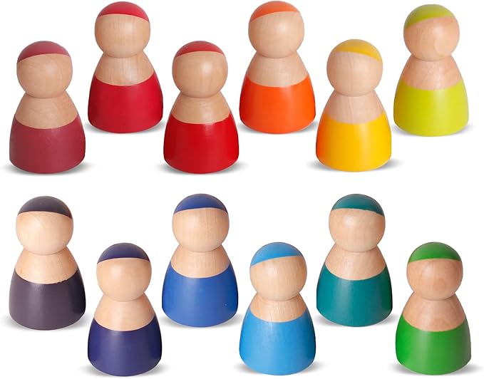 SHIERDU 12 PCS Rainbow Wood Peg Dolls Wooden Pretend Play People Figures for Toddlers Preschool Learning Educational Toys Wooden Toddler Toys for Boys Girls