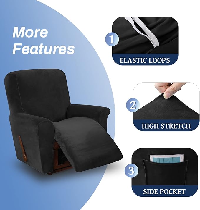 WEERRW Velvet High Stretch Recliner Chair Cover 1 Piece Recliner Couch Cover, Washable Furniture Protector with Non Slip Elastic Bottom for Kids and Pets, Black